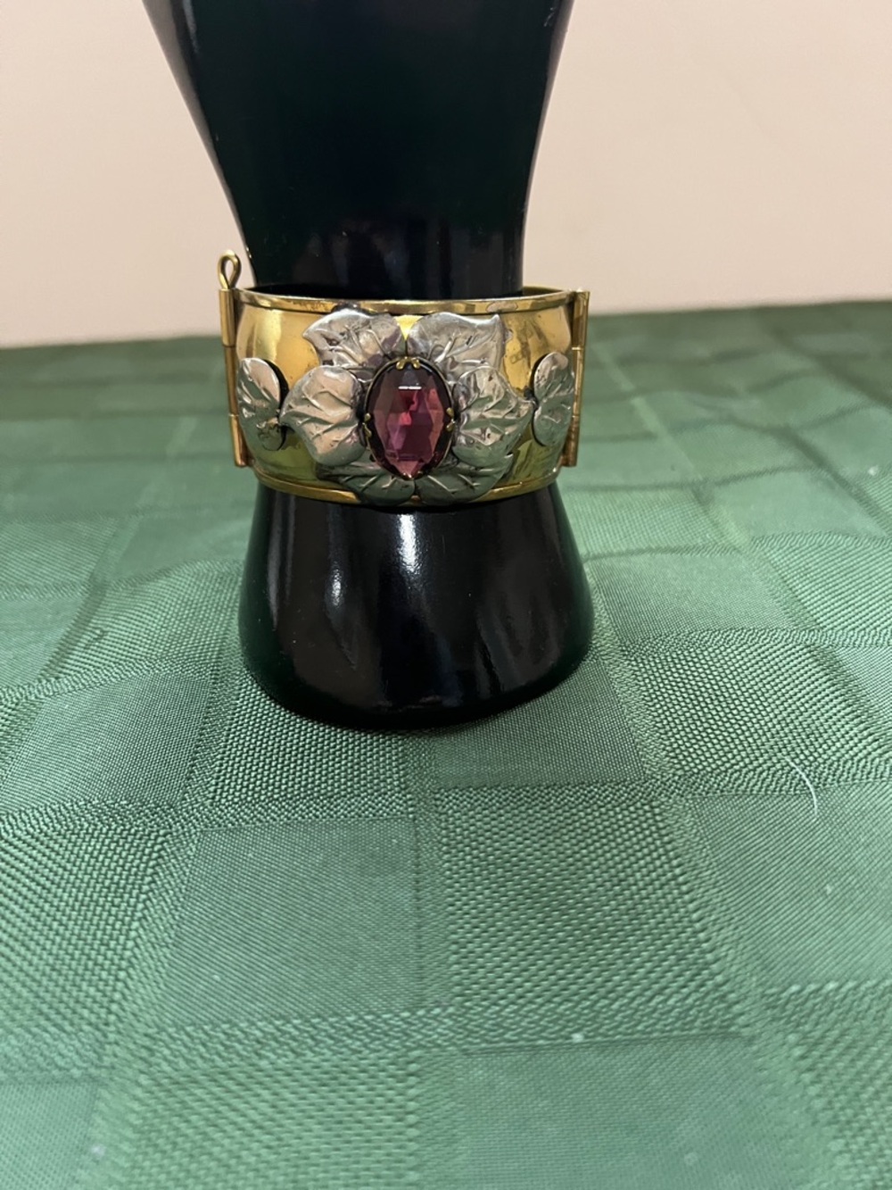 Gold Tone Floral Cuff Bracelet with Purple Center Stone